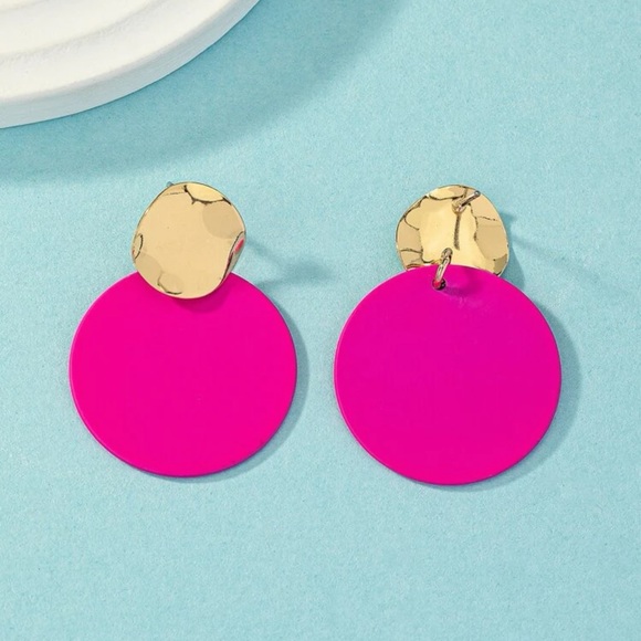 Hot Pink Round Dot Drop Earrings - Picture 4 of 4